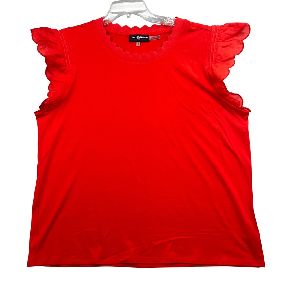 Karl Lagerfeld Paris Top Women XL Red Scallop Neck Ruffle Sleeve Knit Tee